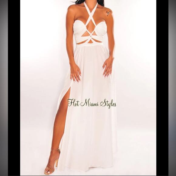 Hot Miami Styles White Halter Sundress with Cutout and Slit - Picture 1 of 7